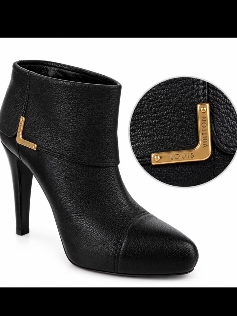 Louis Vuitton LV Black Leather Ankle Boots 9.5 Platform Booties Fold Over Cuff